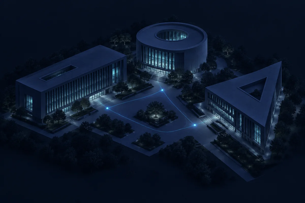由细蓝色路径连接的大学建筑与庭院概念图